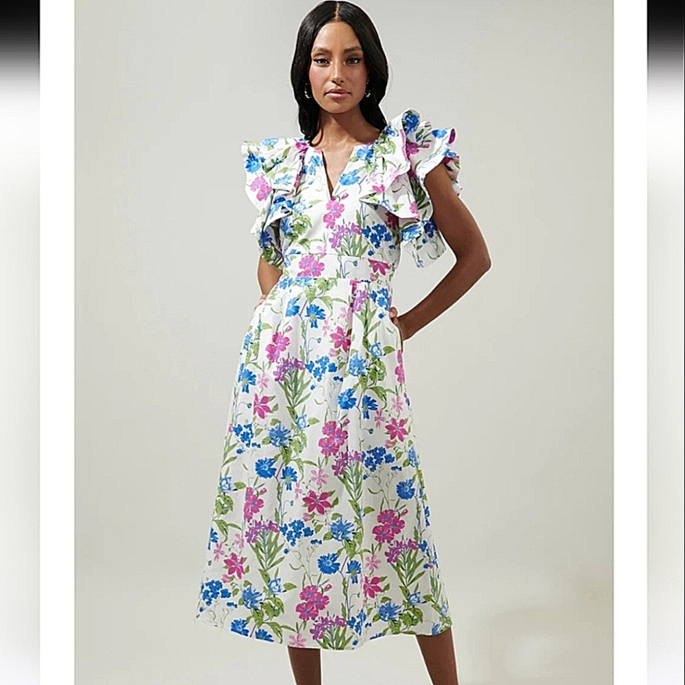 Sugarlips Floral Ruffle Midi Dress - White, Pink, Blue, Green